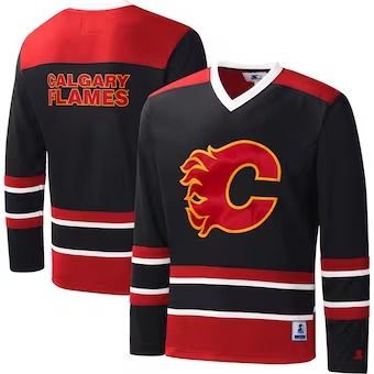 Calgary Flames Starter Cross-Check V-Neck - Long Sleeve T-Shirt - Black
