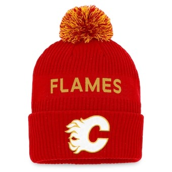 Men's Calgary Flames Fanatics Branded Black/Red 2022 NHL Draft - Authentic Pro Cuffed Knit Hat with Pom